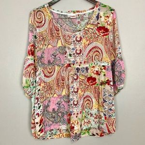 Tianello Bohemian Patchwork Lantern-Sleeve Top Women’s Sz XS Silky Rayon Paisley